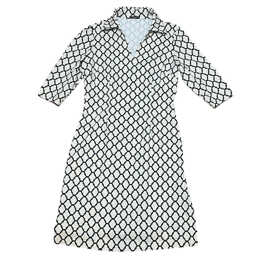J.McLaughlin‎ XS Cream Black Geometric Print Stretch Catalina Cloth Sheath Dress